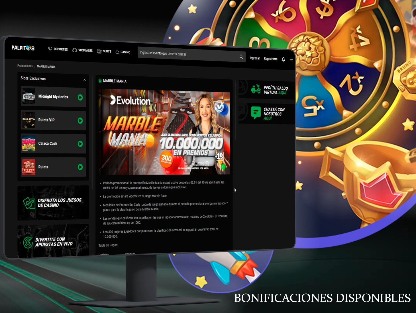 Los bonos más favorables están disponibles para todos los jugadores registrados en la plataforma Palpitos